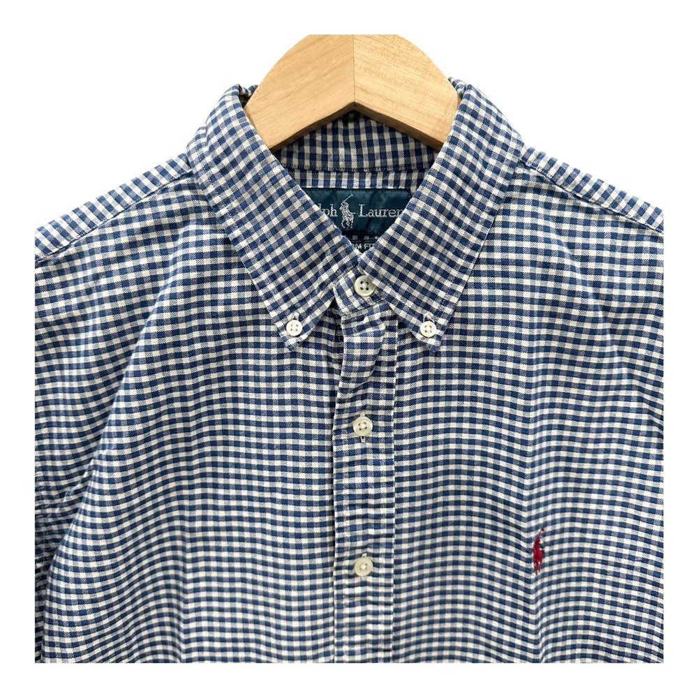 Ralph Lauren Mens L Gingham Button Down Oxford Shirt Navy Blue White Custom Fit